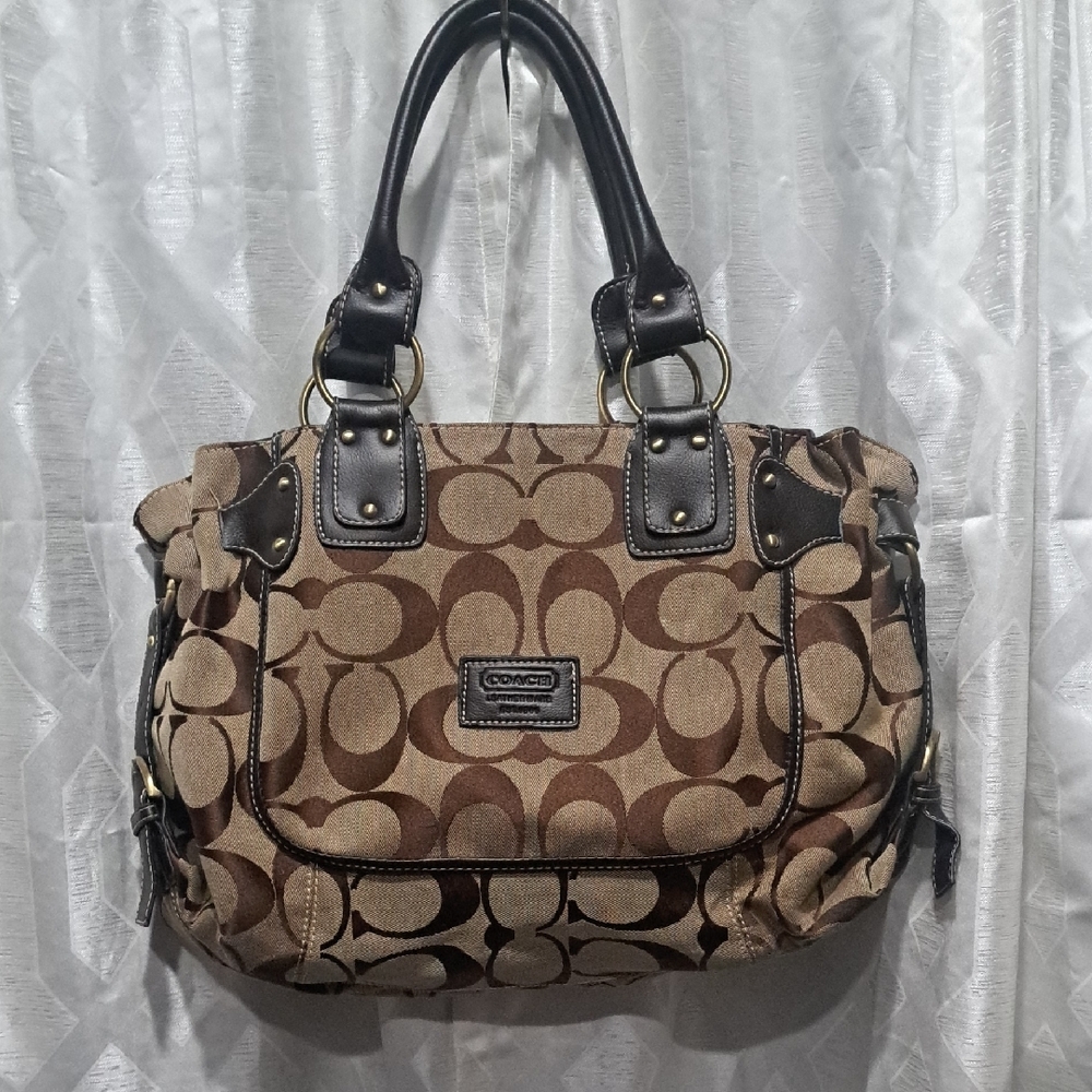 Coach Brown and Tan Shoulder Bag with Leather Trim and Signature C Pattern